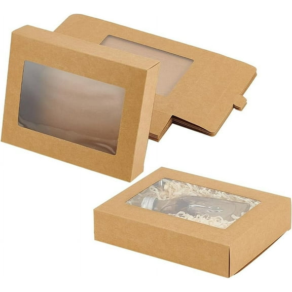 12 Packs Kraft Paper Box 7x5.7x1.5 Inch Candy Gift Boxes Rectangle Treat Boxes with Clear Window for Display Cookie Donut Wedding Package Supplies Burly Wood