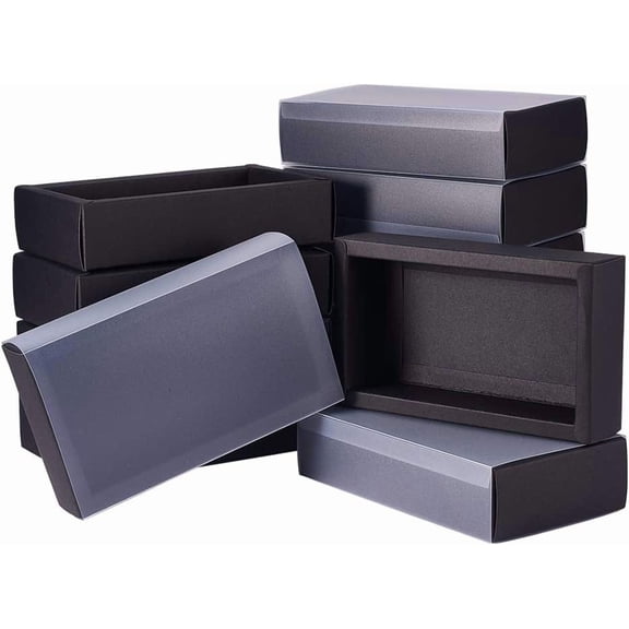 12 Packs Large Black Kraft Paper Gift Box Rectangle Drawer Box with Clear PVC Windows 6.5x4x1.5" for Wedding Party Treats Bakery and Valentine's Gift Packaging diy Black