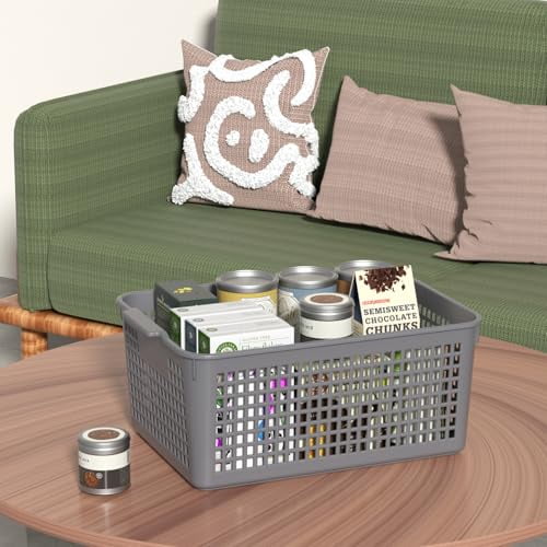 12 Packs Large Plastic Storage Basket, Plastic Baskets for Organizing, Gray