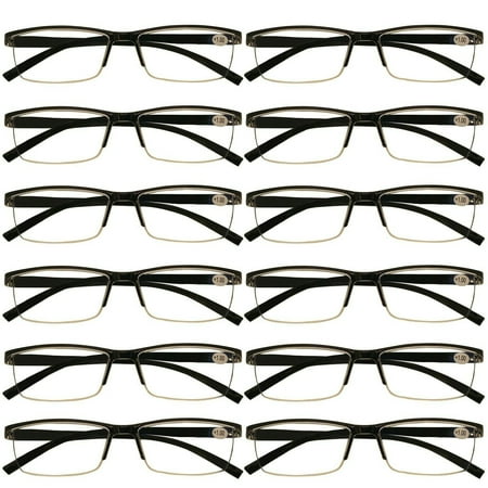12 Packs Mens Rectangle Half Frame Reading Glasses Blue Light Blocking Black Spring Hinge Readers +2.00