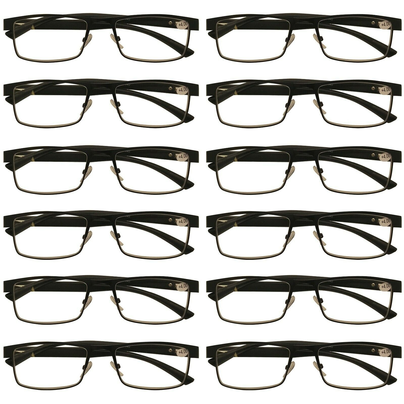 12 Packs Mens Rectangle Metal Frame Reading Glasses Black Spring Hinge Readers +1.00
