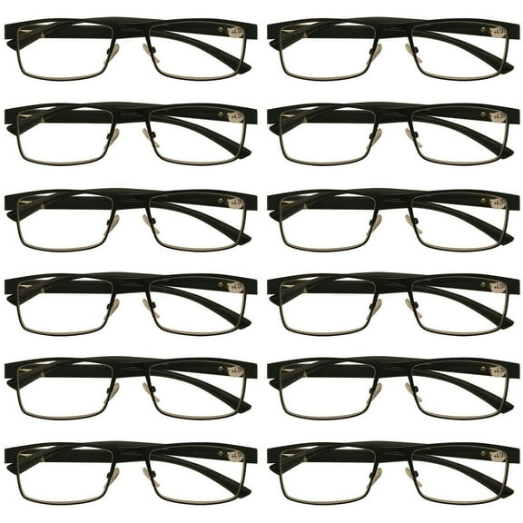 12 Packs Mens Rectangle Metal Frame Reading Glasses Black Spring Hinge Readers +1.50