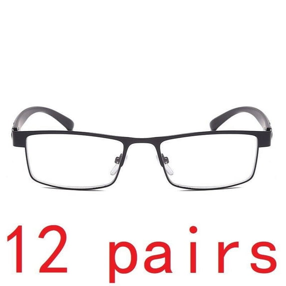 12 Packs Mens Rectangular Classic Metal Frame Reading Glasses Black Spring Hinge Readers +1.00