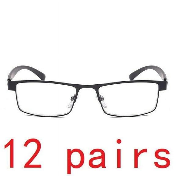 12 Packs Mens Rectangular Classic Metal Frame Reading Glasses Black Spring Hinge Readers +1.00