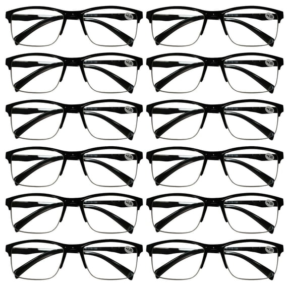 12 Packs Mens Unisex Half Frame Square Reading Glasses Black Spring Hinge Readers +4.00