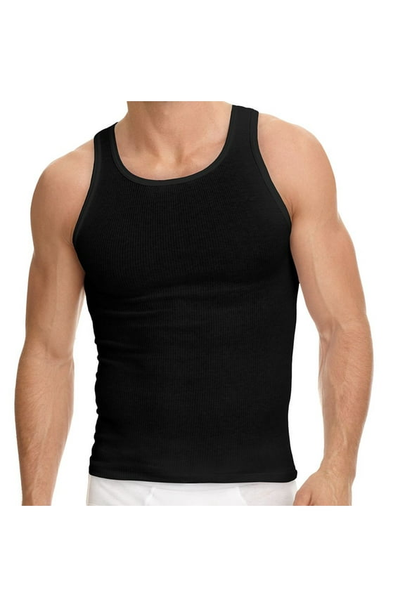 12 Packs Of Mens Regular and Plus Size Black & White Ribbed 100% Cotton Tank Top A-Shirts Undershirt (Black, Small)