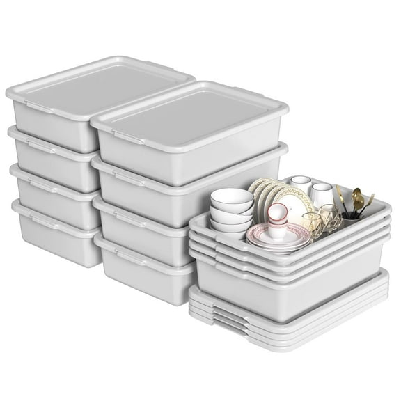 12 Packs Plastic Rectangular Utility Bus Box, 13 L Bus Tubs with Lids, Light Gray