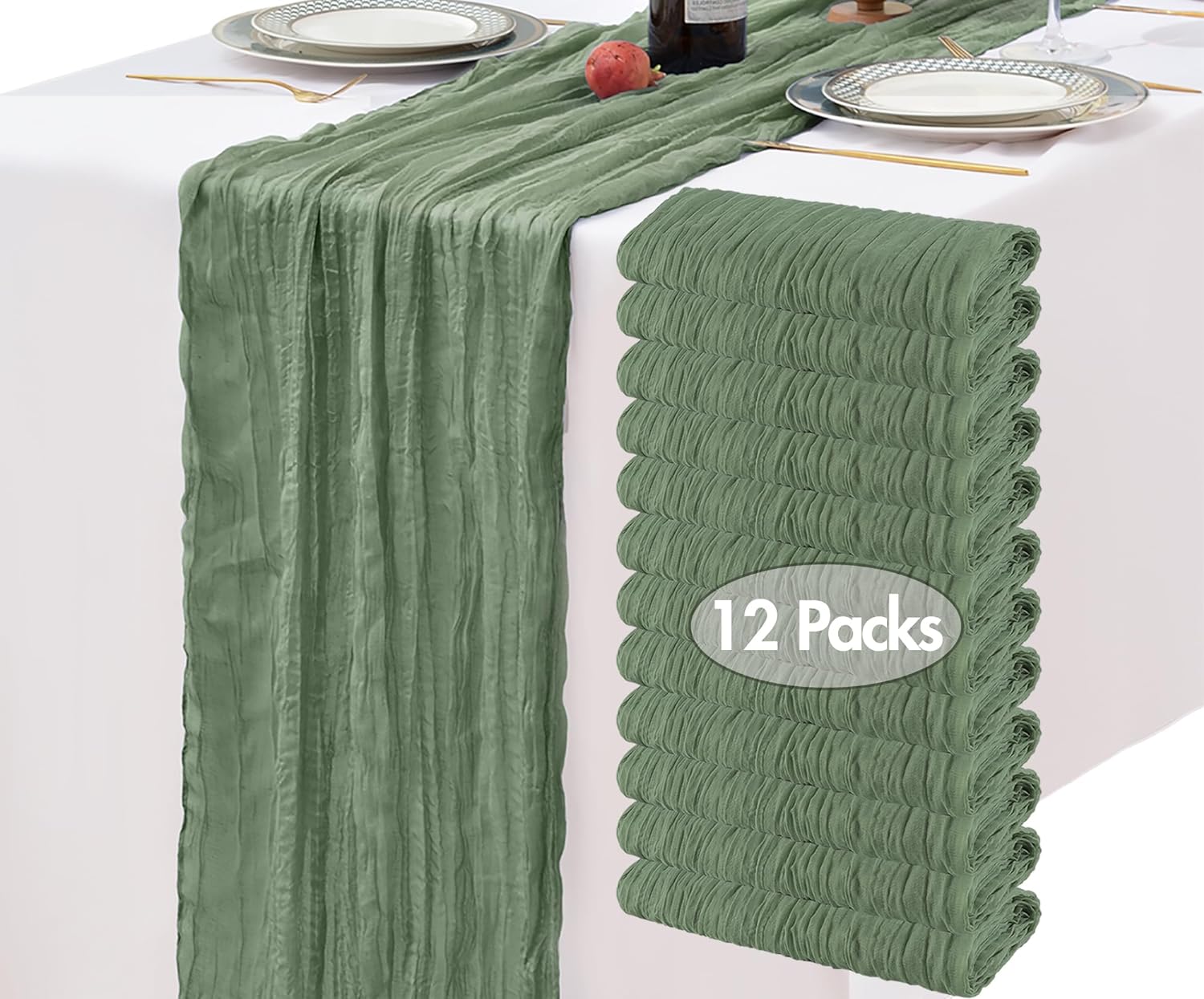 12 Packs Sage Green Satin Table Runners 12x108 inch Long Smooth