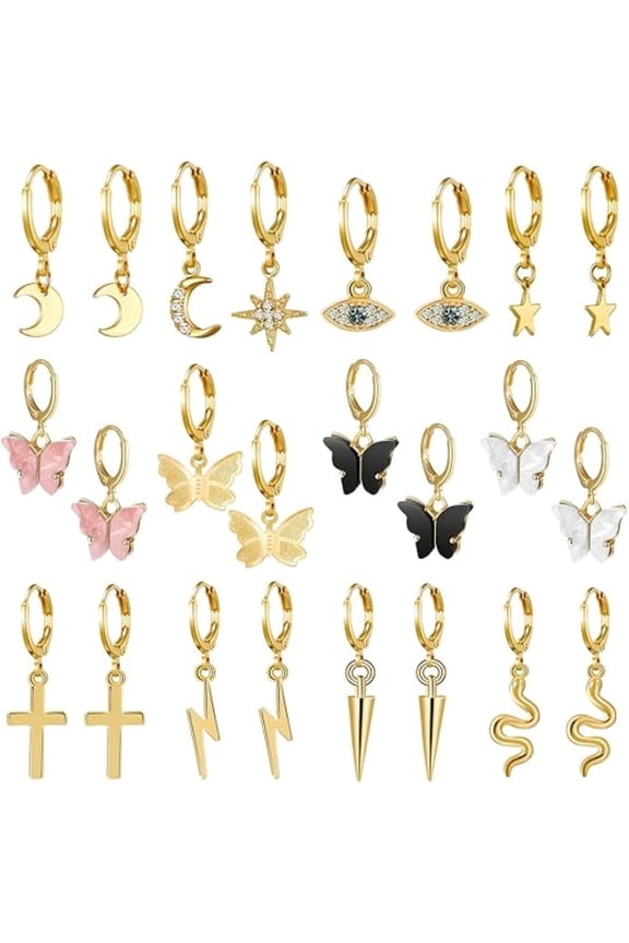 12 Packs Small Dangle Hoop Earrings for Women Tiny Asymmetrical Design Evil Eye Snake Charms Lightweight Alloy Earrings Fashion Jewelry Gift