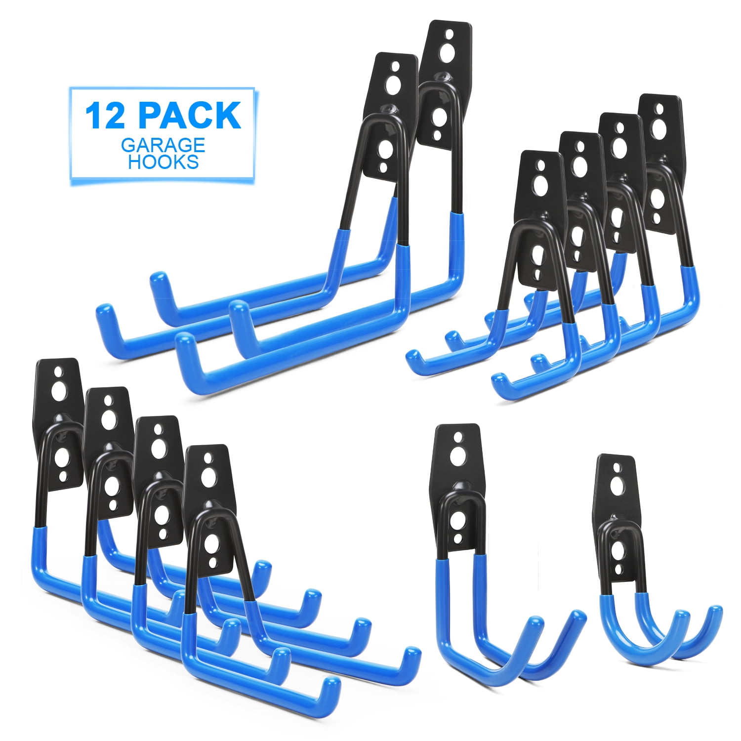 12 Packs Steel Garage Storage Hooks, with AntiSlip Coating 30LBS(Blue)