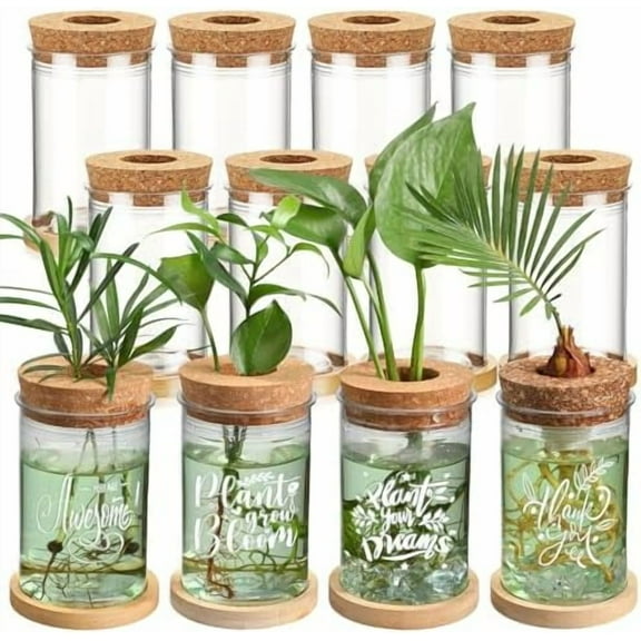 12 Packs Thank You Gift Appreciation Gift Plastic Plant Propagation Vase Set Desktop Plastic Planter Vase with Bamboo Tray for Indoor Plants Office Table Home Decor Mother Teacher Gifts