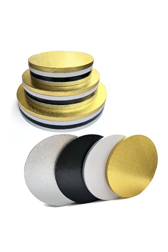12 Packs Thick Cake Drums, Greaseproof 8, 10 & 12 inch assorted Round Cake drum in Gold Black Sliver White Cake Base, Cardboard Cake Boards for Presenting Heavy/Tall Tiered Cakes, Base Para Pastel