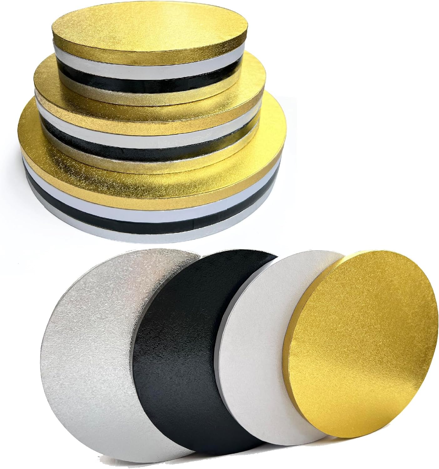 BOARDS+ 8 Inch Cake Board Drums - 12 Pack, 1/2" Thick, Greaseproof With Ribbon & Prop-Up Tool For Tiered Cakes