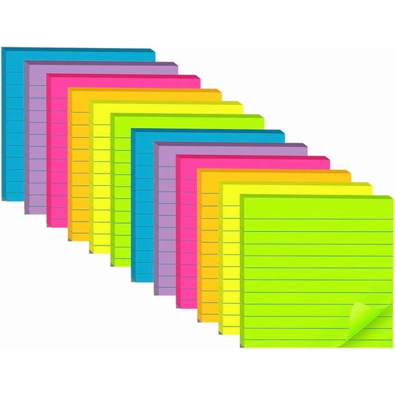 (12 Pads) Lined Sticky Notes 4x4 in, 6 Bright Colors Self-Stick Note Pads, Strong Adhesive, 47 Sheets/Pad