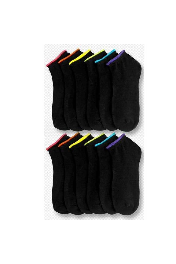 12 Pair Girls Ankle Sports Socks Low Cut Black Neon Color Casual Sport Run 9-11