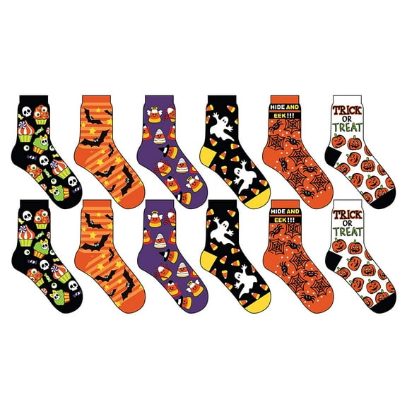 12 Pair Happy Halloween Socks, 6 Different Designs, Halloween Gift (Crew Socks, Kids Size 9-11)