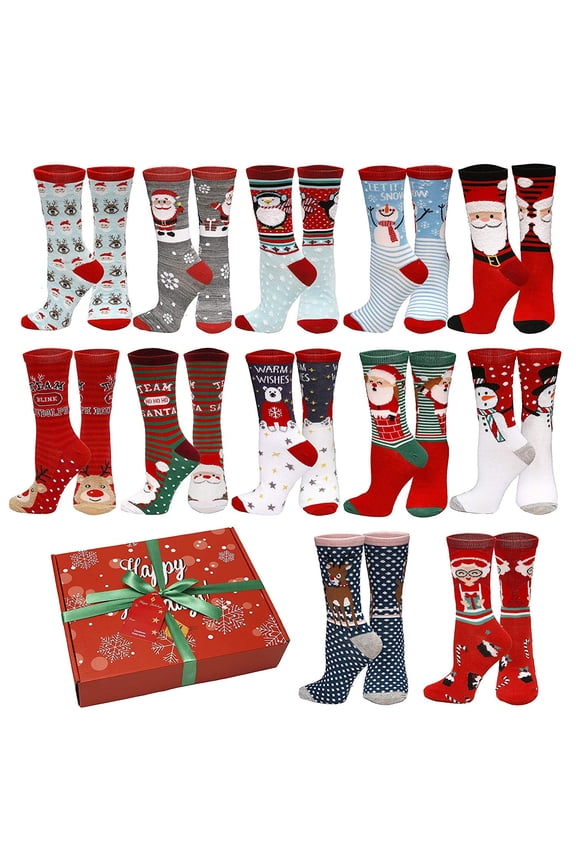 Festive Cozy Breathable Christmas Crew Socks, 12 Pair, Size 9-11, 12 Different Designs