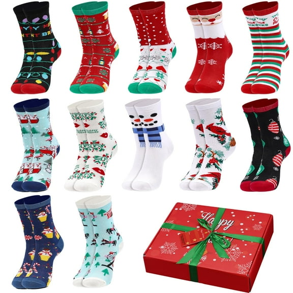 Gilbin Adult Festive Colorful Christmas Holiday Sweater Socks Pack, 12 Designs, Size 9-11