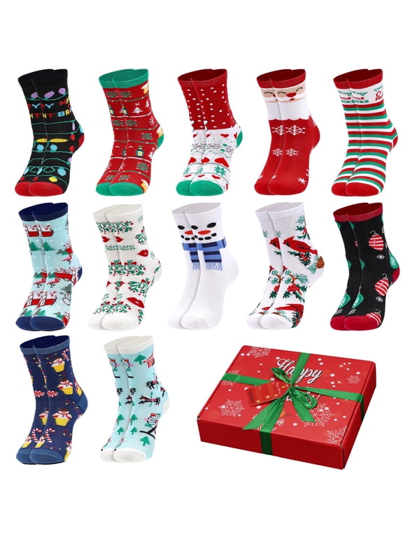 Adult Festive Colorful Christmas Holiday Sweater Socks Pack, 12 Designs, Size 9-11