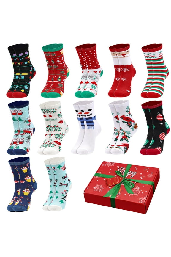 Adult Festive Colorful Christmas Holiday Sweater Socks Pack, 12 Designs, Size 9-11