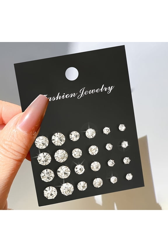 12-Pair Women’s Stud Earrings Set – Fashion Rhinestone Faux Ear Studs with Simple Needle Design, Stylish Jewelry for Daily Wear & Gift Giving