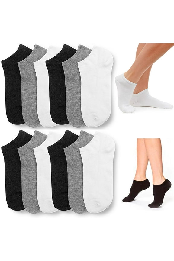 12 Pair Womens Ankle Socks Low Cut Fit Crew Size 9-11 Sport Black White Grey NEW