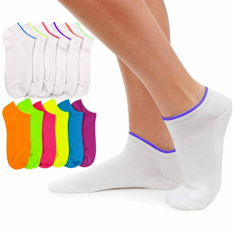 12 Pair Womens Low Cut Ankle Socks White Neon Color Sports Girls No Show  9-11