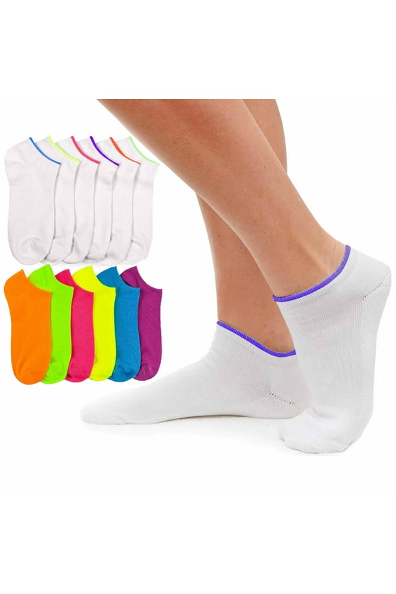 12 Pair Womens Low Cut Ankle Socks White Neon Color Sports Girls No Show 9-11