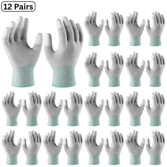 12 Pairs –13 Gauge Carbon Fiber ESD Work Gloves with PU-Knitted Fingertips, Anti-Static Gloves for Precision Tasks, Electronics, Auto Repair, Construction & Industrial Use, Flexible Fit & Grip