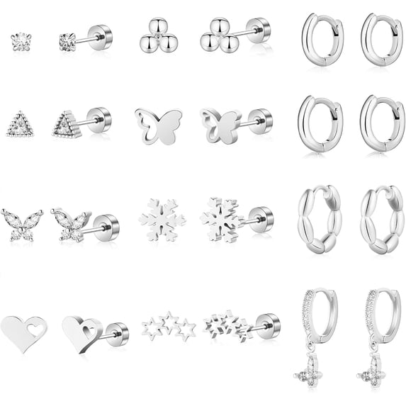 12 Pairs 14K Gold Plated Flat Back Hypoallergenic Earrings for Women Men Surgical Stainless Steel Earrings for Sensitive Ears Small Gold Stud Hoop Cartilage Earring Stack Set,Silver 02