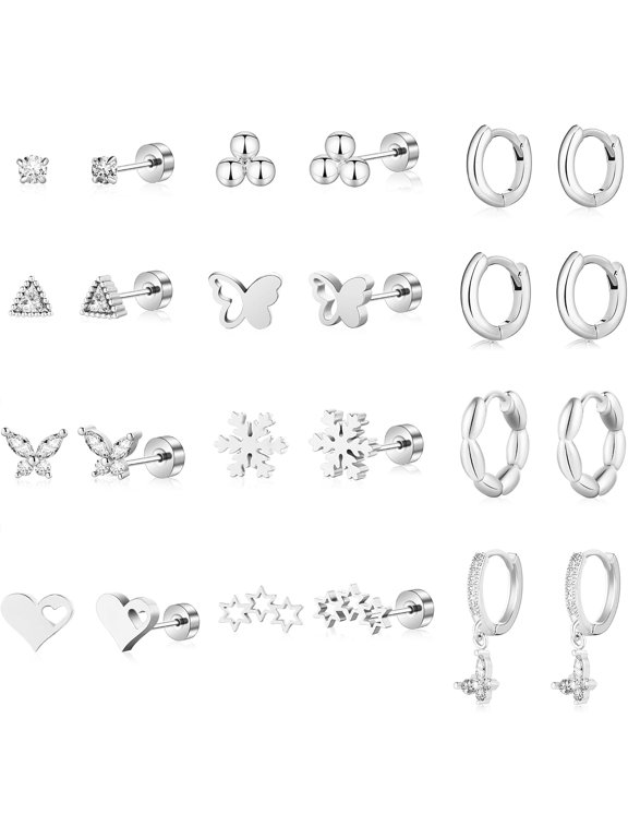 12 Pairs 14K Gold Plated Flat Back Hypoallergenic Earrings for Women Men Surgical Stainless Steel Earrings for Sensitive Ears Small Gold Stud Hoop Cartilage Earring Stack Set,Silver 02