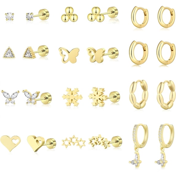 12 Pairs 14K Gold Plated Flat Back Hypoallergenic Earrings for Women Men Surgical Stainless Steel Earrings for Sensitive Ears Small Gold Stud Hoop Cartilage Earring Stack Set,Gold 02