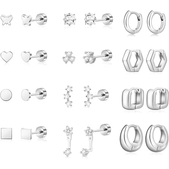 12 Pairs 14K Gold Plated Flat Back Hypoallergenic Earrings for Women Men Surgical Stainless Steel Earrings for Sensitive Ears Small Gold Stud Hoop Cartilage Earring Stack Set,Silver 01