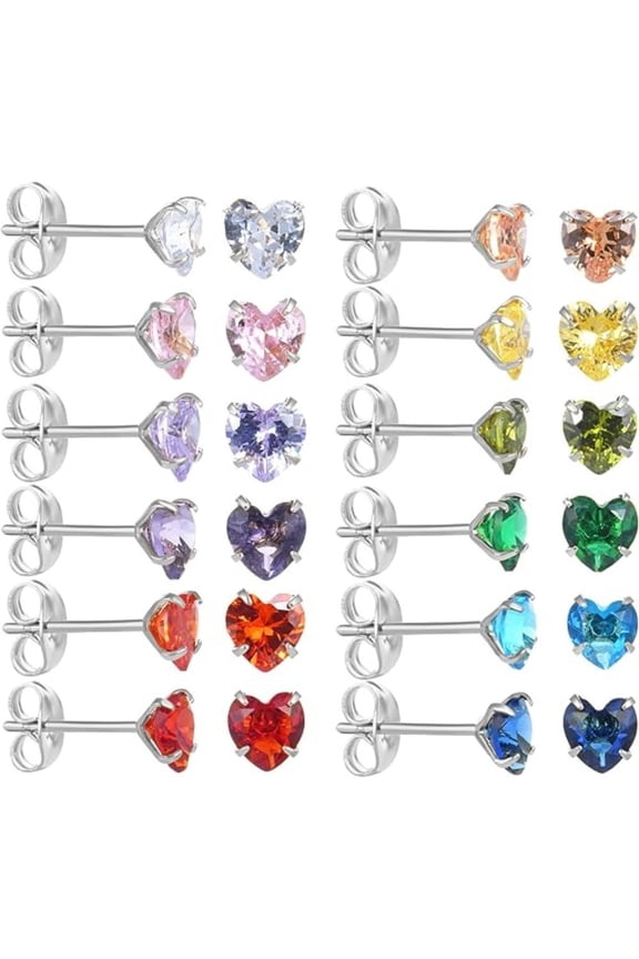 12 Pairs 18K Gold Plated Birthstone Stud Earrings, Hypoallergenic Surgical Steel, Cubic Zirconia Heart Earrings Set, Perfect Gift for Women All Year Round