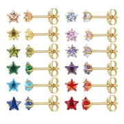 JUSTJANDM 12 Pairs 18K Gold Plated Surgical Stainless Steel Stud Earring, Star Cubic Zirconia Birthstone Stud Earrings Set