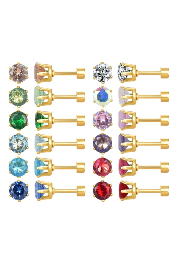 12 Pairs 18K Gold Plated Surgical Stainless Steel Stud Earrings, Flat Back Screw CZ Brithstone Cartilage Helix Earrings Set for Women