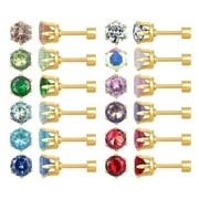 12 Pairs 18K Gold Plated Surgical Stainless Steel Stud Earrings, Flat Back Screw CZ Brithstone Cartilage Helix Earrings Set for Women