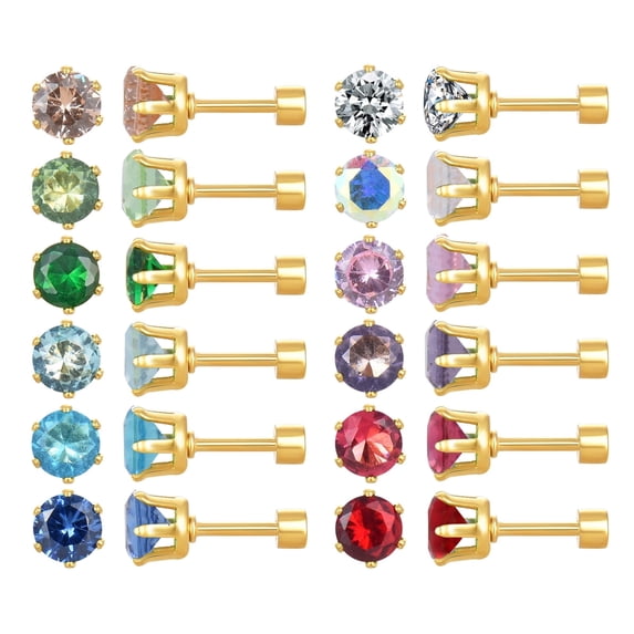 12 Pairs 18K Gold Plated Surgical Stainless Steel Stud Earrings, Flat Back Screw CZ Brithstone Cartilage Helix Earrings Set for Women