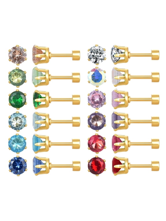 12 Pairs 18K Gold Plated Surgical Stainless Steel Stud Earrings, Flat Back Screw CZ Brithstone Cartilage Helix Earrings Set for Women