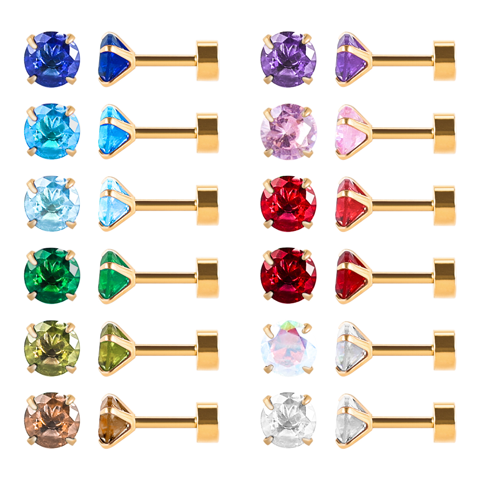 12 Paia Orecchini A Vite In Acciaio Chirurgico Con Zirconi Cubic - Set Di Borchie Colorate Con Retro Piatto, 6 Mm Stelo, 3 Mm Pietra, Senza Nichel