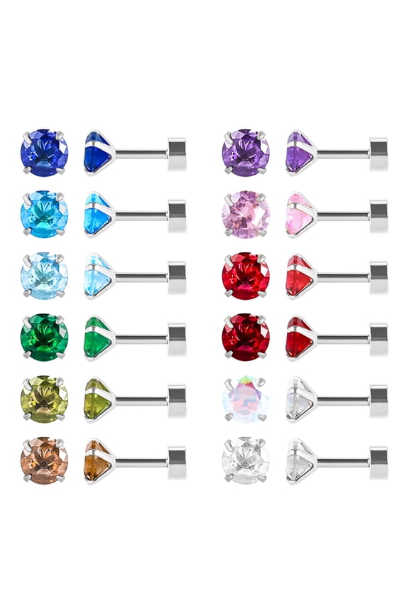 12 Pairs 18K Gold Plated Surgical Stainless Steel Stud Earrings, Flat Back Screw Round Heart Star Square Teardrop CZ Brithstone Cartilage Helix Stud Earrings Set for Women