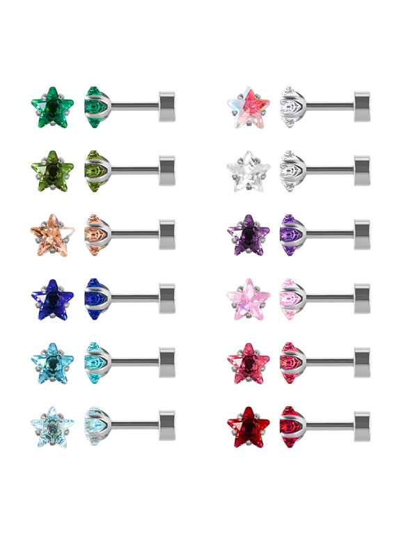 12 Pairs 18K Gold Plated Surgical Stainless Steel Stud Earrings, Flat Back Screw Round Heart Star Square Teardrop CZ Brithstone Cartilage Helix Stud Earrings Set for Women