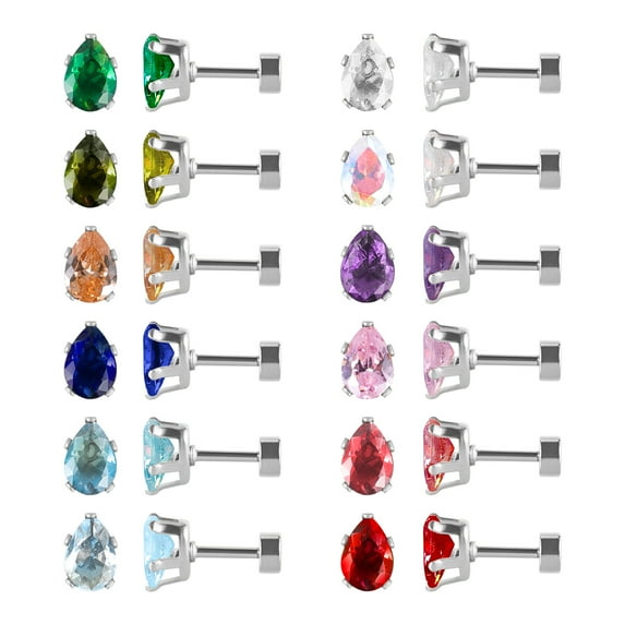 12 Pairs 18K Gold Plated Surgical Stainless Steel Stud Earrings, Flat Back Screw Round Heart Star Square Teardrop CZ Brithstone Cartilage Helix Stud Earrings Set for Women