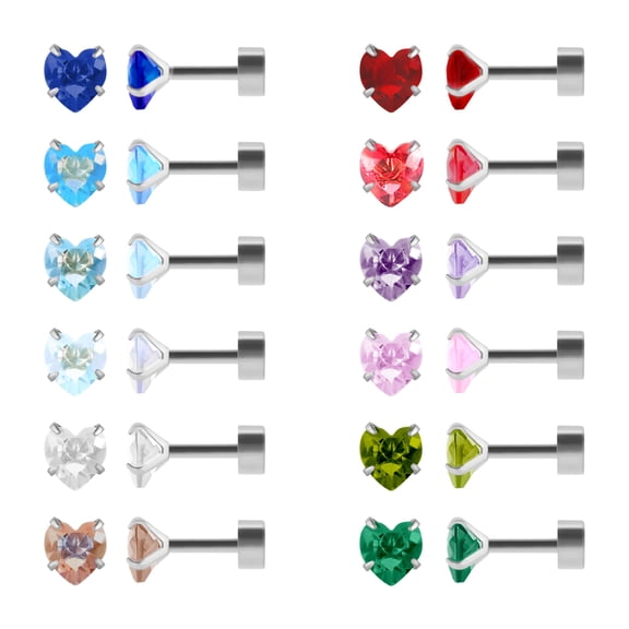 12 Pairs 18K Gold Plated Surgical Stainless Steel Stud Earrings, Flat Back Screw Round Heart Star Square Teardrop CZ Brithstone Cartilage Helix Stud Earrings Set for Women