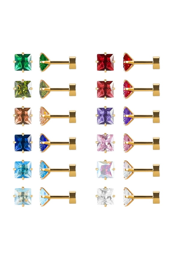 12 Pairs 18K Gold Plated Surgical Stainless Steel Stud Earrings, Flat Back Screw Round Heart Star Square Teardrop CZ Brithstone Cartilage Helix Stud Earrings Set for Women