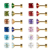 JUSTJANDM 12 Pairs 18K Gold Plated Surgical Stainless Steel Stud Earrings, Flat Back Screw Square CZ Brithstone Cartilage Helix Earrings Set for Girls