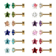 JUSTJANDM 12 Pairs 18K Gold Plated Surgical Stainless Steel Stud Earrings, Flat Back Screw Star CZ Brithstone Cartilage Helix Earrings Set for Girls