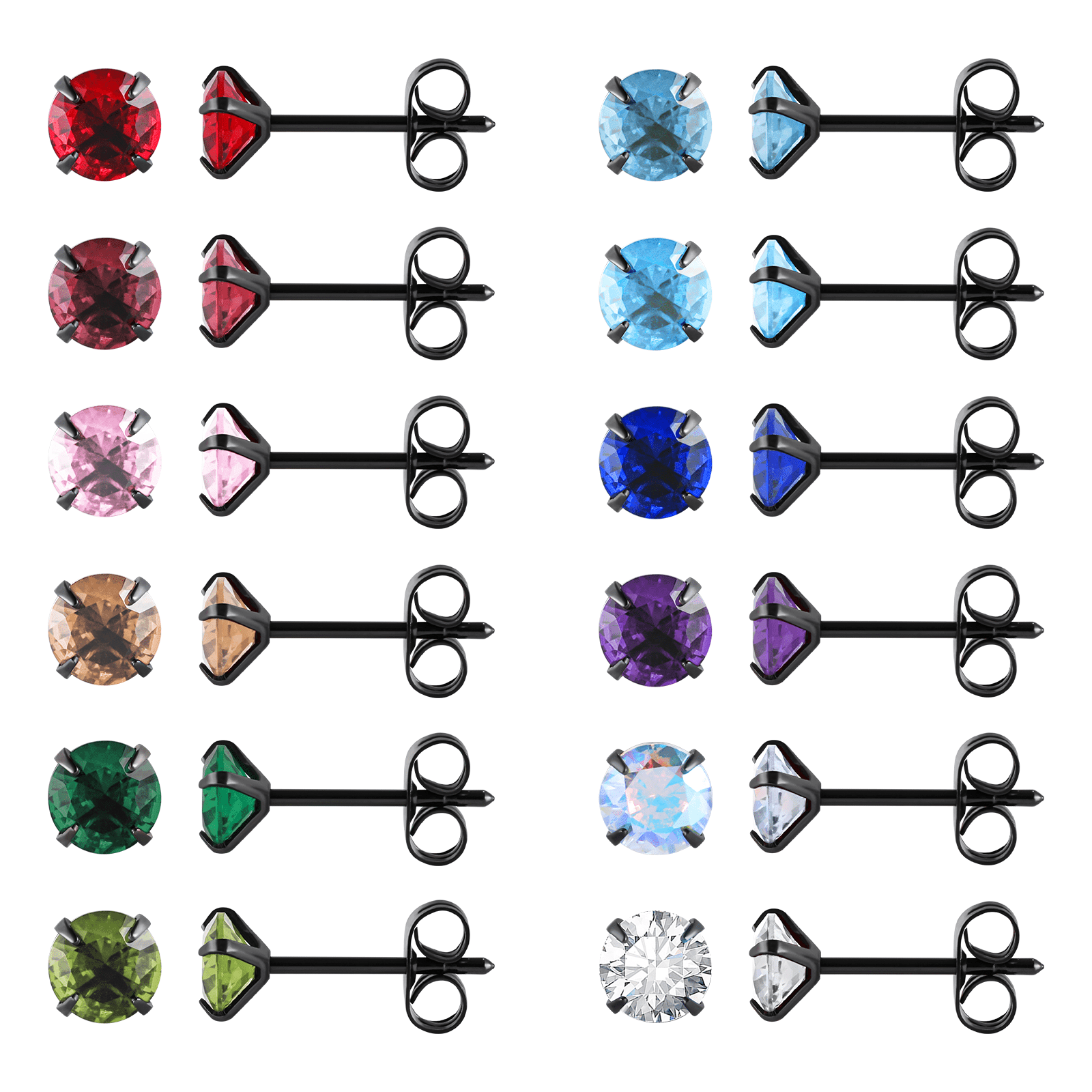 12 Pairs 18K Gold or Black Plated Surgical Stainless Steel Stud Earring