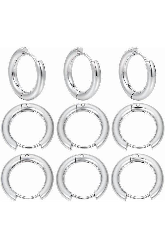 12 Pairs 202 Stainless Steel Huggie Hoop Earrings with 316 Surgical Stainless Steel Pins Stainless Steel Color 10 Gauge 14.5x14x2.5mm