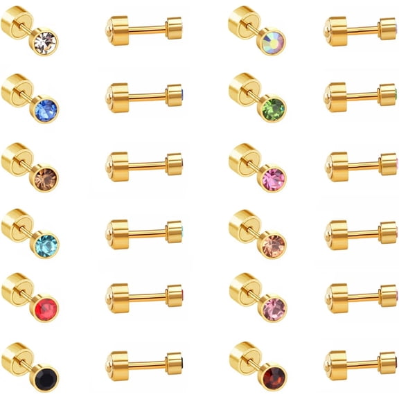 12 Pairs 20g CZ Cartilage Stud Earrings Set Hypoallergenic Colorful Cubic Zirconia Earring Stainless Steel Small Flat Back Stud Gold Plated for Multiple Piercing Fashion Body Barbell Jewelry